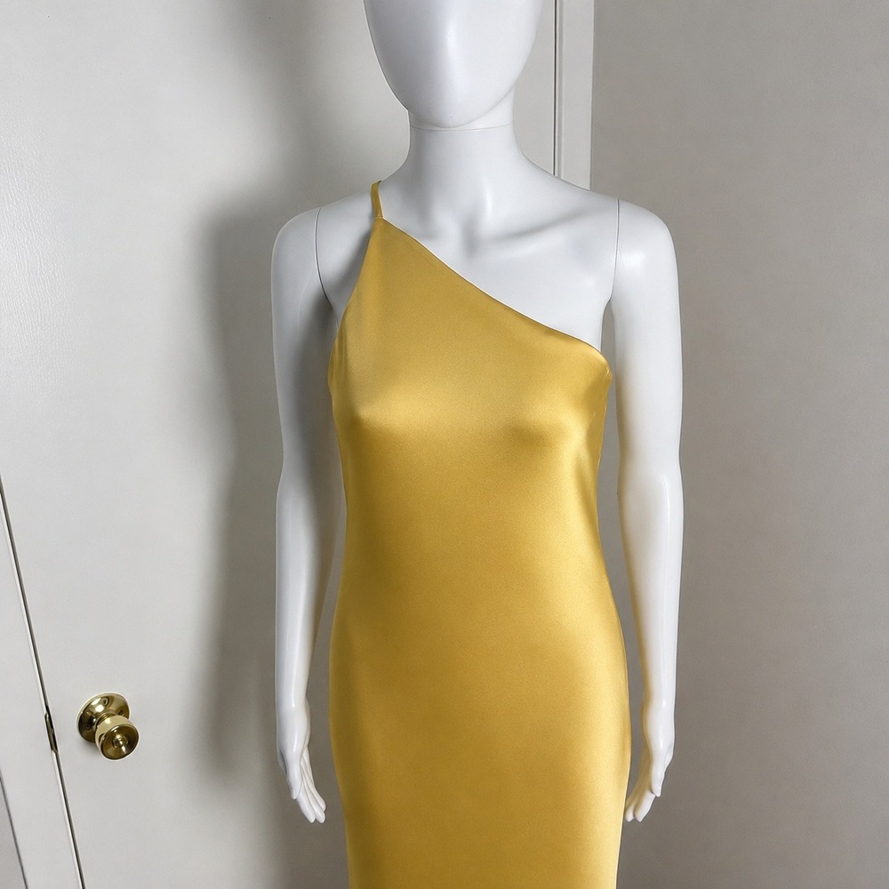 Commense Golden Yellow One Shoulder Satin Backless Maxi Dress with Side Slit S - Picture 5 of 14